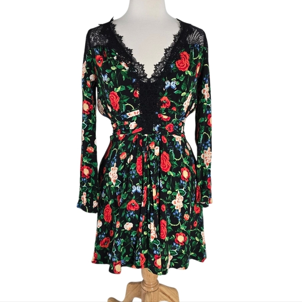 By Anthropologie Lacy V Neck Floral Mini Dress Long Sleeves Size 8 Romantic - Picture 2 of 16